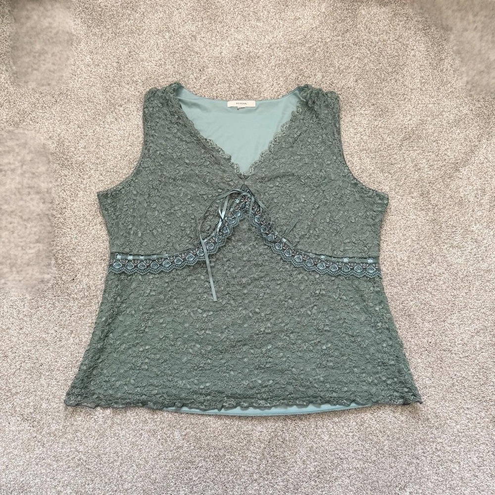 Y2K Merona Sage Green Lace Beaded Ribbon Tank Top/ Approx 2X
